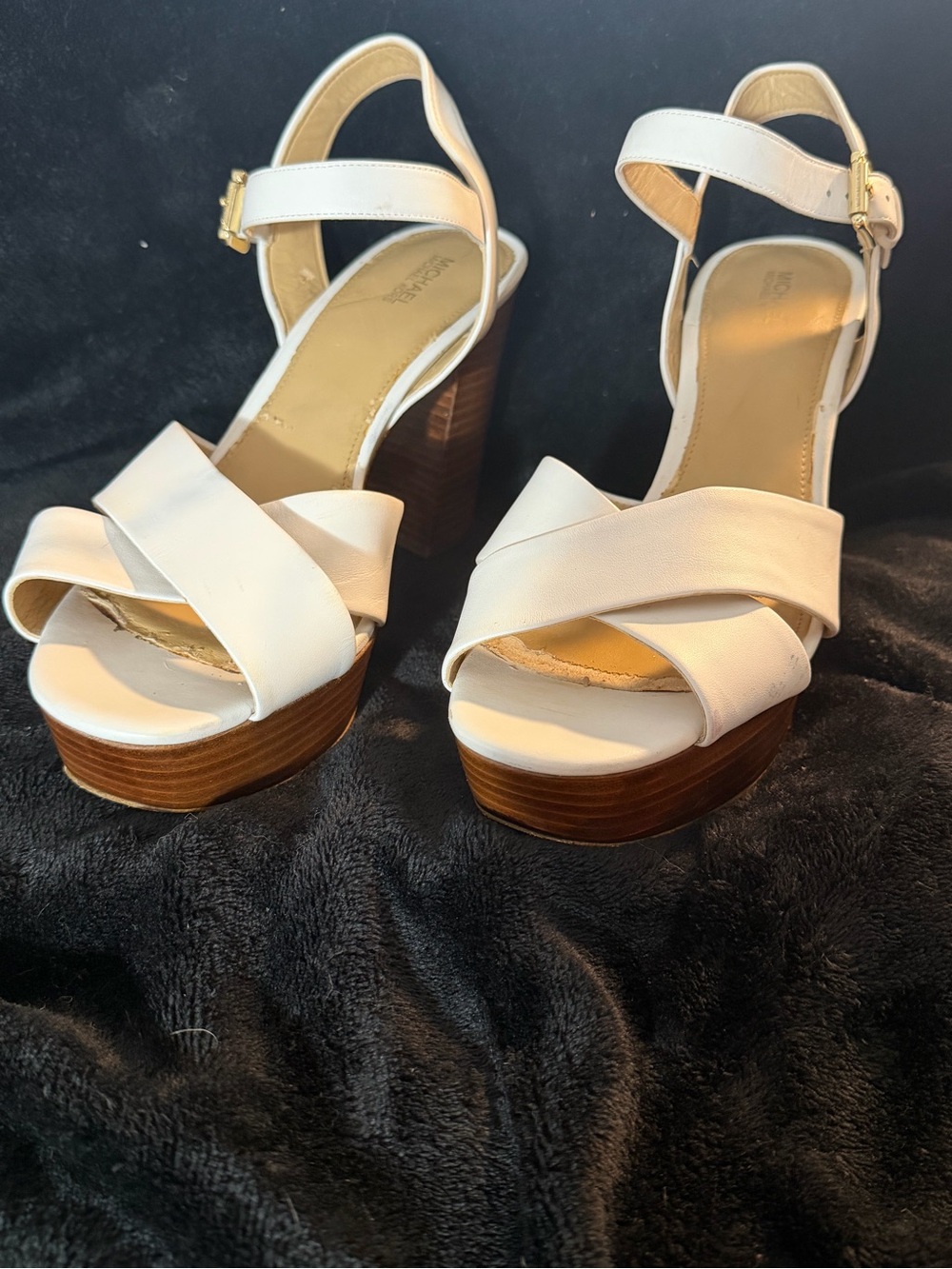 Michael Kors White Leather Cross-Strap Platform Sandals-size 10-Good Cond.